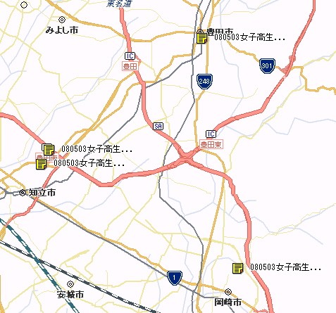 愛知県豊田市女子高生殺害事件の位置関係