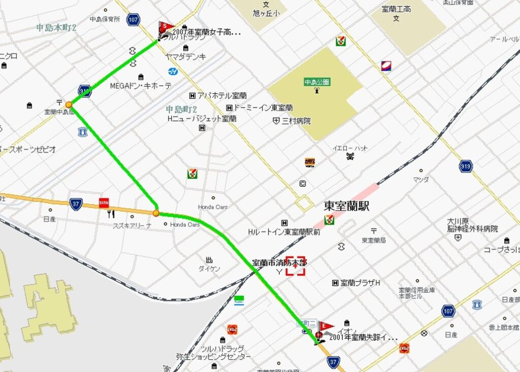 2001年室蘭女子高生失踪、サティから車で移動経路1