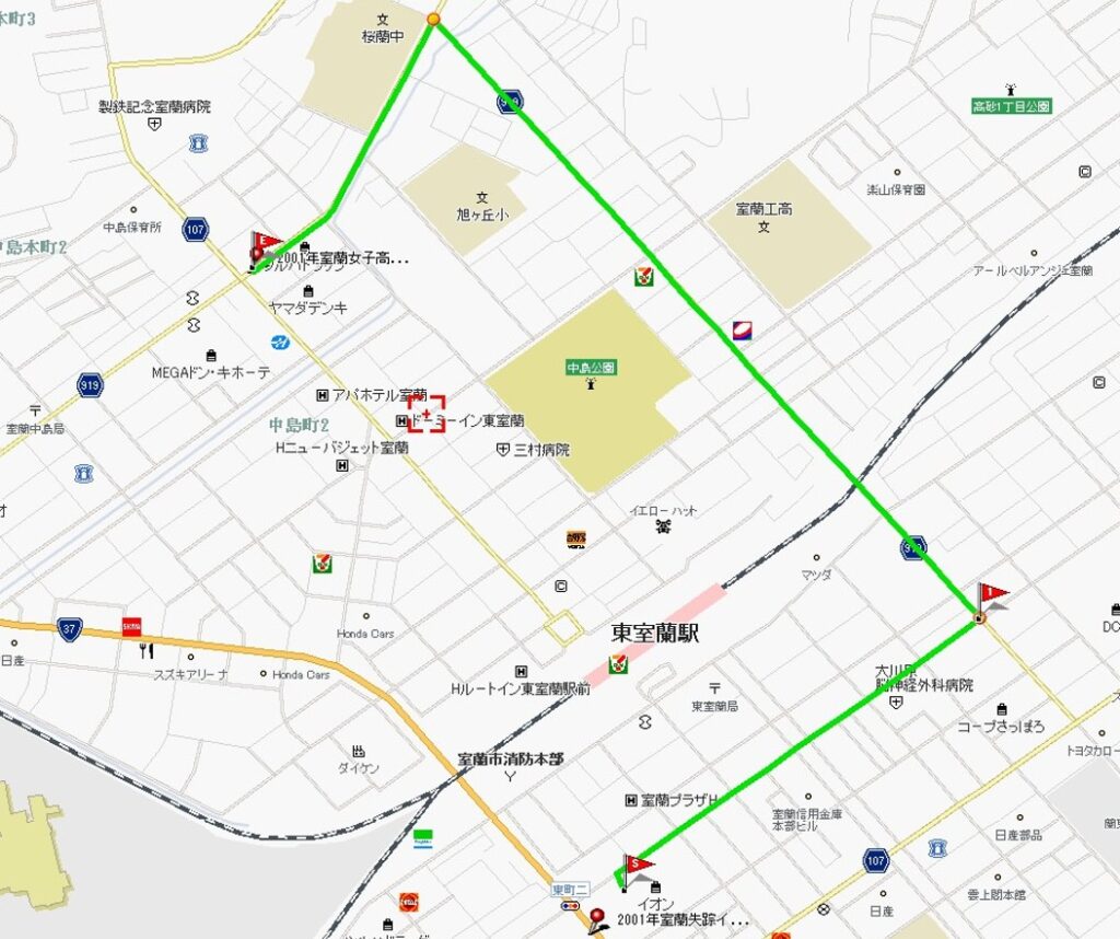 2001年室蘭助成更生失踪事件、サティから車で移動経路2